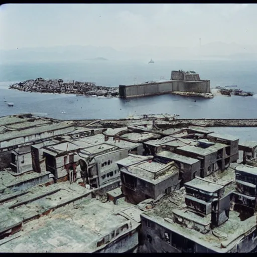 Prompt: brutalist city, prison city, totalitarian prison island, hashima island, rundown buildings, military buildings, prison complex, colorized 1 6 mm photo