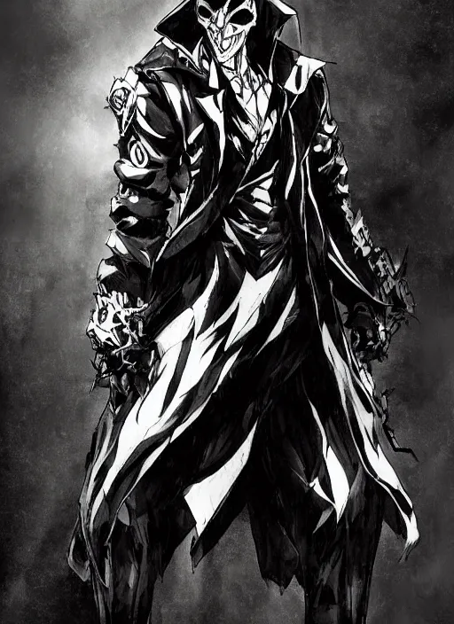 Prompt: evil deity, a man in black mask and black rugged long trench coat. in style of yoji shinkawa and hyung - tae kim, trending on artstation, dark fantasy, great composition, concept art, highly detailed, dynamic pose.