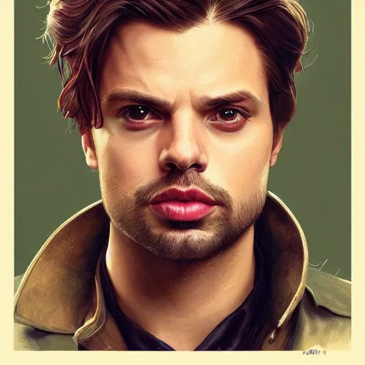 Image similar to portrait of Sebastian Stan, wide angle, intricate, wild, highly detailed, digital painting, artstation, concept art, smooth, sharp focus, illustration, art by artgerm and greg rutkowski and alphonse mucha - W 768