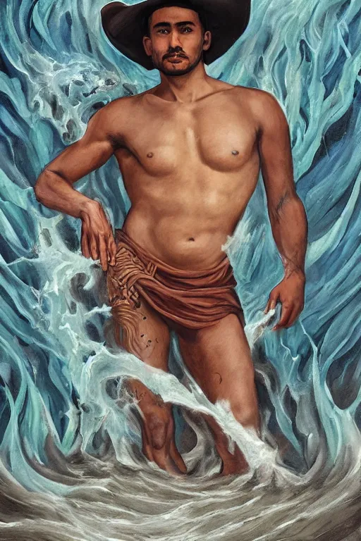 Prompt: a dramatic, epic, ethereal tarot painting of a handsome!! brown shirtless man in a cowboy hat | background is a torrential flooding river | tarot card, art deco, art nouveau | by Mark Maggiori | trending on artstation