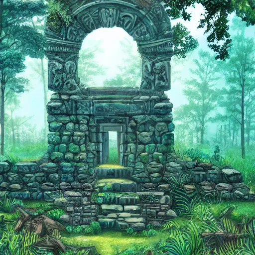 Image similar to ancient ruins in a forest,retrowave art,trending on art station