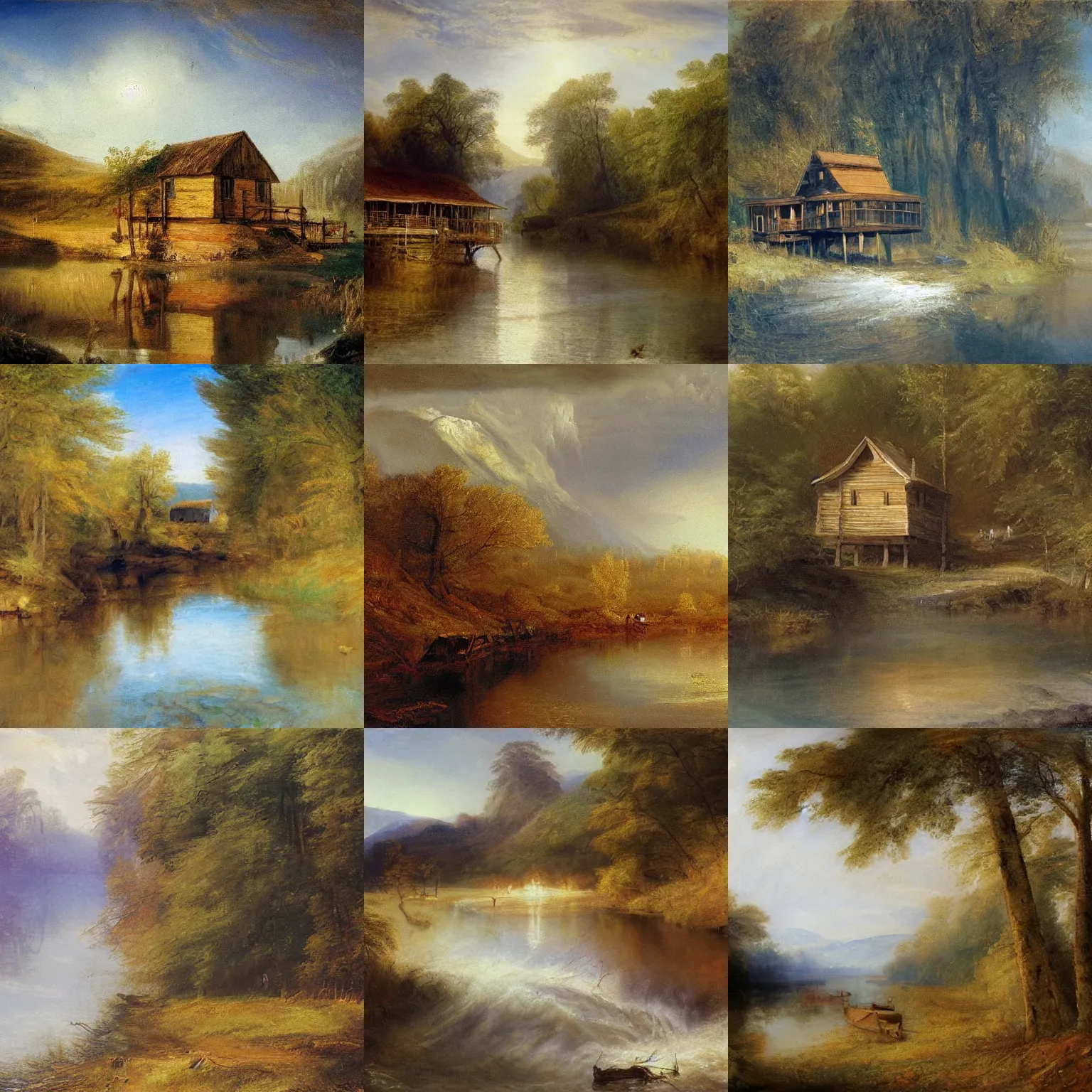 Prompt: hyper realistic painting of a wooden cabin beside a river by j. m. w turner