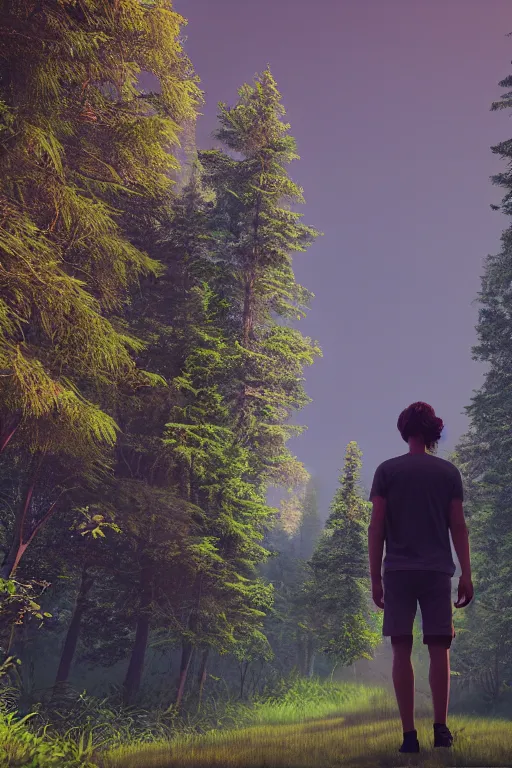 Prompt: young man with wavy back shoulder length hair, plain cotton shorts, back view, trees, detailed forest background, webtoon, breathtaking scenery, colourful, 8 k, graphic novel, digital art trending on artstation, volumetric lighting, octane render, cinematic, hyper detailed, magical atmosphere