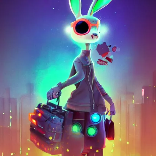 Image similar to super cute cyberpunk bunny, a carrot, pixar, zootopia, cgi, blade runner. trending on artstation