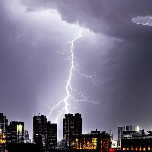 Prompt: a horrible thunderstorm with lighting everywhere, overtop a large ominous skyscraper