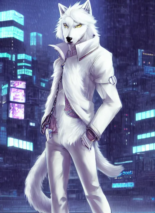 Image similar to character portrait of a male anthro white wolf fursona with a tail and a cute beautiful attractive furry face wearing stylish cyberpunk clothes in a cyberpunk city at night while it rains. hidari, color page, tankoban, 4K, tone mapping, Akihiko Yoshida.