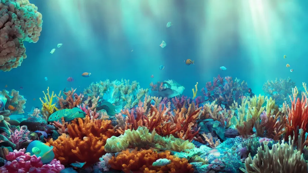 Prompt: underwater photograph of a colorful coral reef, crepuscular rays, rule of thirds, rendered in octane, rendered in vray, rendered in Arnold, insanely detailed, photorealistic, cinematic