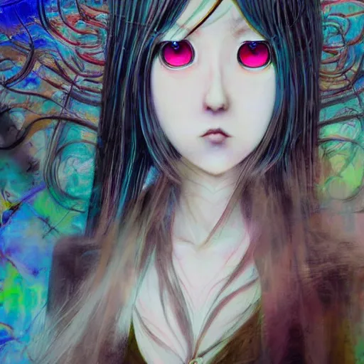 Image similar to yoshitaka amano realistic photo of a sinister anime girl with big eyes and long white hair wearing dress suit with tie and surrounded by abstract junji ito style patterns in the background, blurred and dreamy photo, noisy film grain effect, highly detailed, oil painting with expressive brush strokes, weird portrait angle