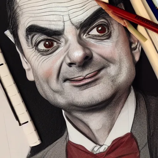 Image similar to amazing lifelike award winning pencil illustration of mr bean trending on art station artgerm Greg rutkowski alphonse mucha cinematic