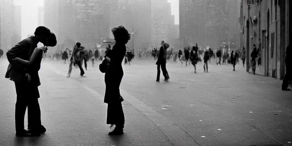 Prompt: street photo, blurred man and woman kissing, protests on the background, film photography, exposed b & w photography, christopher morris photography, bruce davidson photography, peter marlow photography