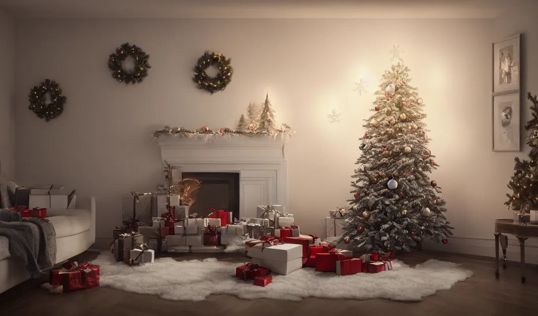 Prompt: a christmas eve photorealistic painting on the wall, home, interior, octane render, deviantart, greg rutkowski, cinematic, key art, hyperrealism, canon eos c 3 0 0, ƒ 1. 8, 3 5 mm, 8 k, medium - format print