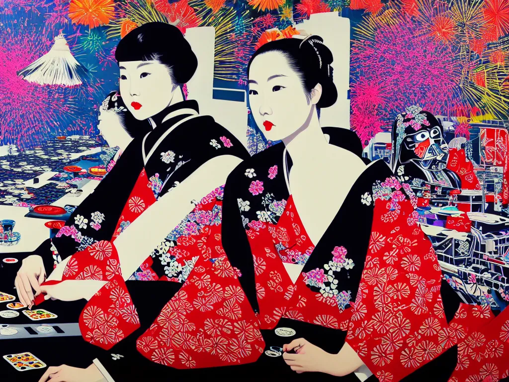 Image similar to hyperrealistic composition of the detailed woman in a japanese kimono sitting at a extremely detailed poker table with hyperdetailed darth vader, fireworks, mountain fuji on the background, pop - art style, jacky tsai style, andy warhol style, acrylic on canvas