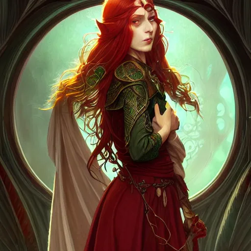 Image similar to Portrait of serious female elven priest, D&D, green eyes, face, long red hair, demon wings, fantasy, intricate, elegant, highly detailed, digital painting, artstation, concept art, smooth, sharp focus, illustration, art by artgerm and greg rutkowski and alphonse mucha