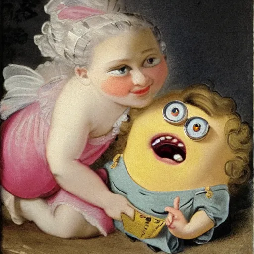 Prompt: helga pataki's teeth, soft rainbow, painting by francois boucher, sad minion eyes