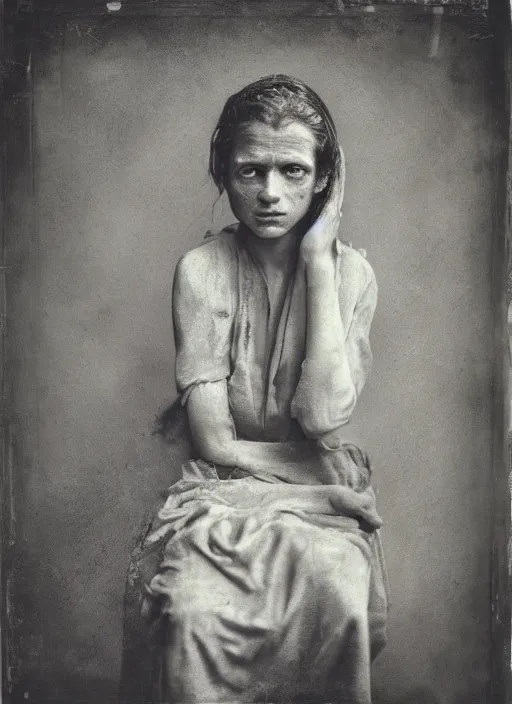 Image similar to portrait of a young blind women, hyperrealism, photo realistic, detailed, award winning photograph, cinematic lighting, ambrotype wet plate collodion by richard avedon and shane balkowitsch