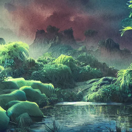 Prompt: watercolor of a lush natural scene on an alien planet by vincent bons. ultra sharp high quality digital render. detailed. beautiful landscape. weird vegetation. water. soft colour scheme. grainy.