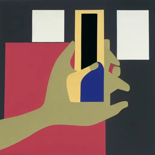 Image similar to A painting of a hand holding a telephone, abstract painting in the style of Sophie Taeuber-Arp and Gary Hume and Tatsuro Kiuchi, flat colour-block style, geometric abstraction, dark earthy colours