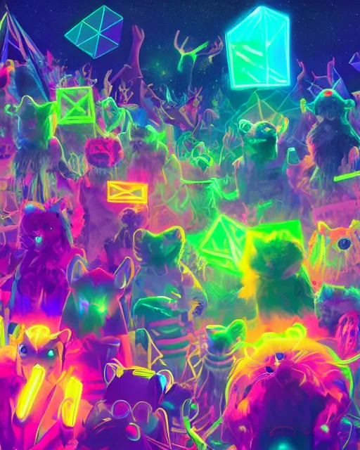 Image similar to a crowded rave for dancing furry monsters of every shape and size surrounding a neon cube tesseract impossible geometry, portal to other worlds, geometric, generative, bending space and time, at hazy dusty dusk night sky in giant epic zoological rave party, digital art trending on art station concept art