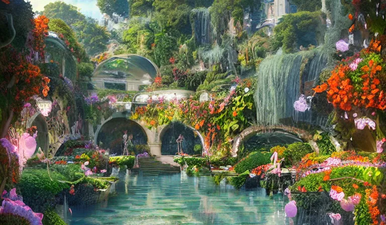 Prompt: dreamlike VILLA D'ESTE GARDENS fantasycore, glossy painting, Art Nouveau Cosmic 4k Detailed Matte Illustration featured on Getty Images ,CGSociety, Jade and Carrot orange color scheme, Pastiche by Marc Simonetti, Pastiche by Cedric Peyravernay