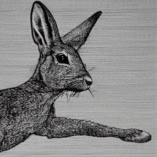 Image similar to bold etching of a jackrabbit running downward