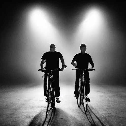 Prompt: two guys using a bicycle as a stroboscope in front of an audience, techno, foggy, dark, intense, rendering, high details, 3 5 mm