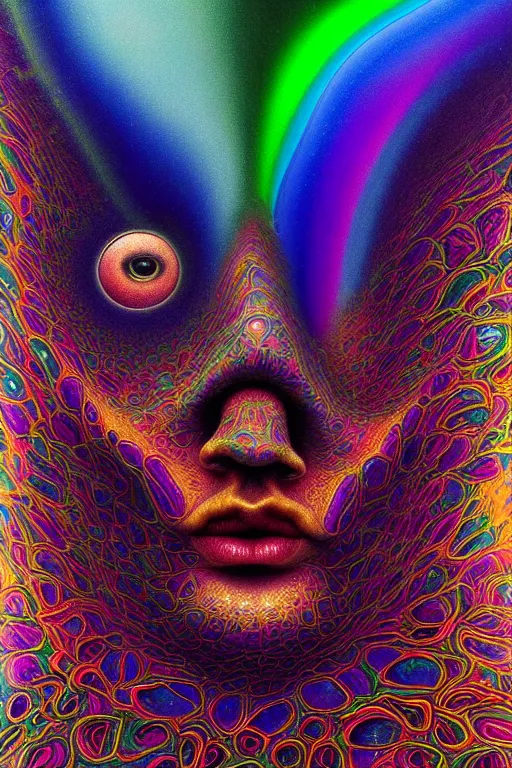 Image similar to hyperrealistic abstract close-up Renaissance psychedelic!! celestial happy! pure creature!! peaceful! kind spirit of nature! beautiful fractal!! eyes! highly detailed concept art eric zener elson peter cinematic hard rainbow lighting high angle hd 8k sharp shallow depth of field endless, inspired by Zdzisław Beksiński Salvador Dali