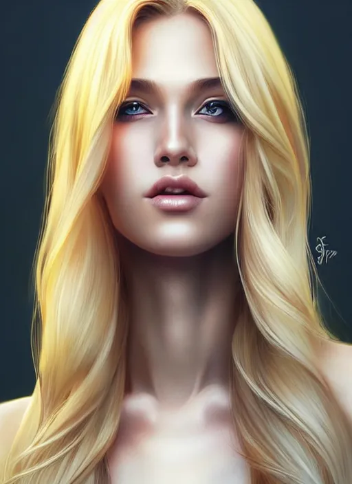 Image similar to a gorgeous female with long blonde hair in the style of stefan kostic, realistic, full body shot, wide angle, sharp focus, 8 k high definition, insanely detailed, intricate, elegant, art by stanley lau and artgerm, floating embers