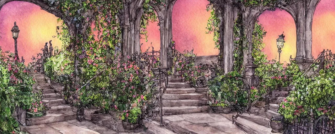 huge flower, courtyard walkway, sunset, castle,, Stable Diffusion