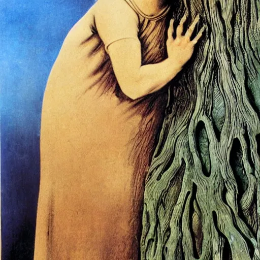 Image similar to Marie Curie hugging a tree by Salvador Dalí