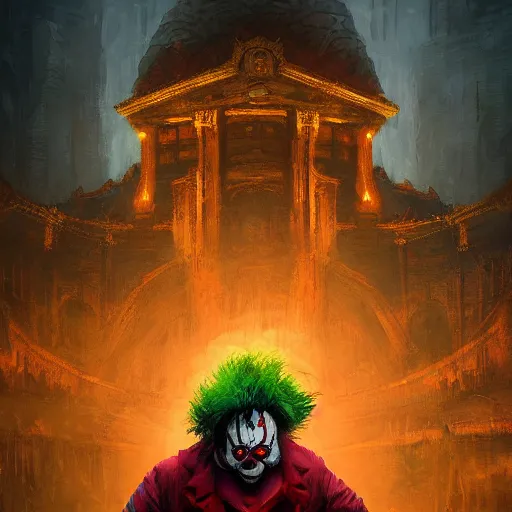 Image similar to portrait of angry clown, atmospheric lighting, painted, intricate, volumetric lighting, beautiful, rich deep colours masterpiece, sharp focus, ultra detailed, in the style of Dan Mumford and marc simonetti, futuristic temple in the background,