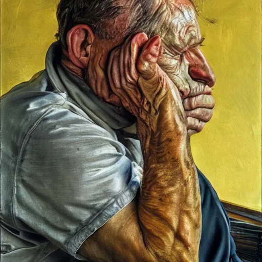 Prompt: high quality high detail painting by lucian freud, hd, portrait of a mechanic tired of work, photorealistic lighting