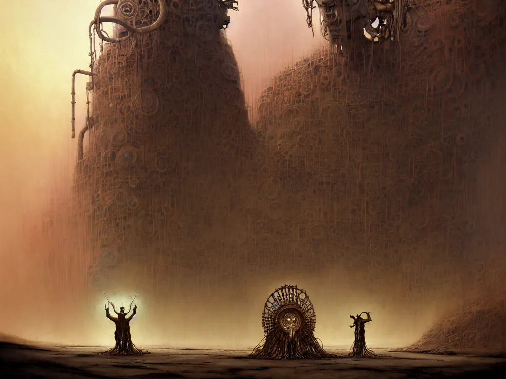 Image similar to A magical male-shaman in shamanistic robes performs a ritual to resurrect a mechanical horse inside a huge steel ancient ruins covered of dunes of sand. Art by Finnian MacManus, Zdzisław Beksiński, Simon Stalenhag, Arthur Rackham. Masterpiece, fantasy art, cinematic, hyperdetailed, sigils, photorealistic, cyberpunk, postapocalyptic, steampunk, hyperrealism, octane render, 8k