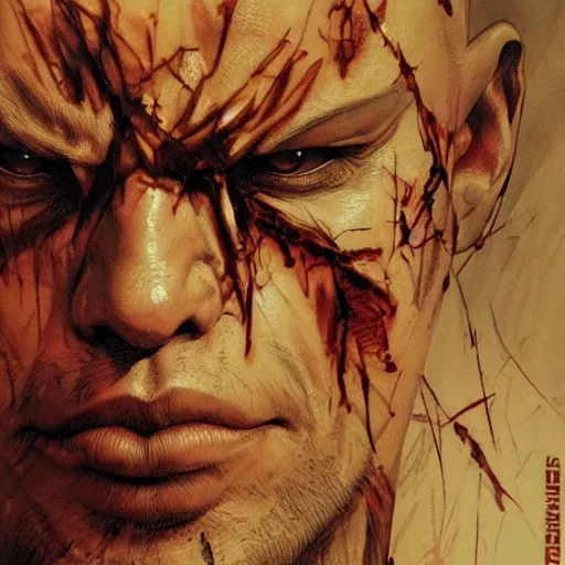 Prompt: bald man with two spikes through his eyes, intricate tattoos around the eyes, wide evil grin, character close up, art by karol bak, yohi shinkawa, yoshikata amano, ultrafine detail, artstation, high quality