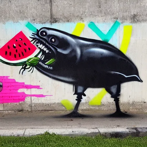 Image similar to a craw eating a watermelon, graffiti, photograph, made by banksy, vivid colors, spray brush, midday, sunny, professional