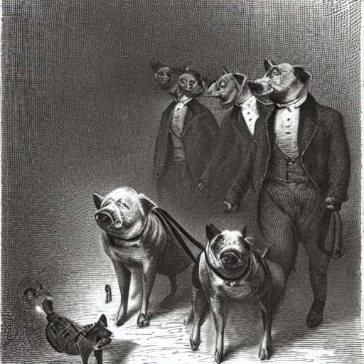 Image similar to a gentleman pig in a tuxedo, leading wild dogs on a leash, creepy, chiaroscuro, dark night, illustration by Gustave Doré,