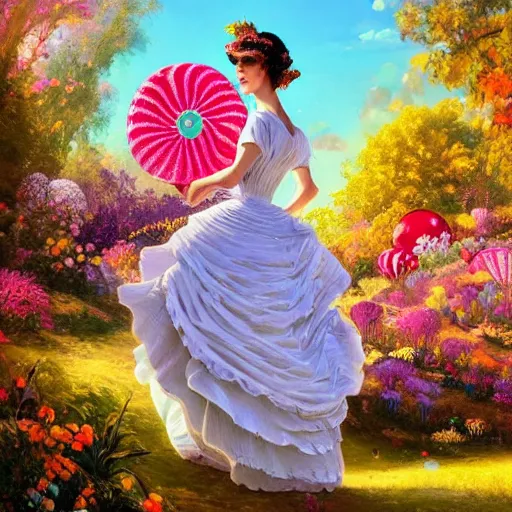 Image similar to portrait of a victorian woman, running up a hill of exotic flowers in the candyland, giant multicolored lollipops, and gumdrops, exotic plants in the shape of candies, from behind, Castle in distance, birds in the sky, sunlight and rays of light shining through trees, beautiful, solarpunk!!!, highly detailed, digital painting by Michael Garmash and Peter Mohrbacher