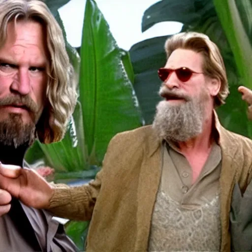 Image similar to a giant toad sitting with the big lebowski, jeff bridges the dude with a giant frog, realistic from the movie the big lebowski by the coen brothers, 8 h