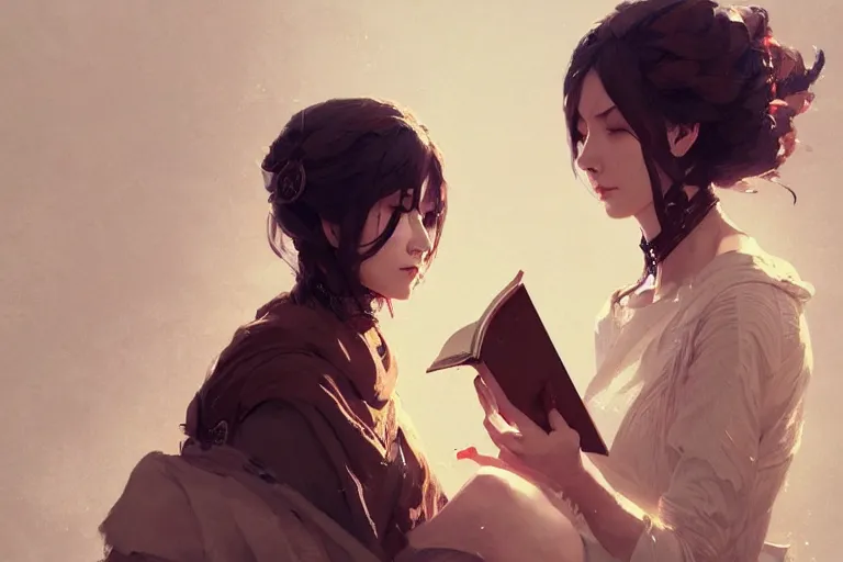 Image similar to portrait of two wise and very beautiful women discussing some texts, art by guweiz and greg rutkowski, intricate, elegant, highly detailed, smooth, sharp focus, artstation