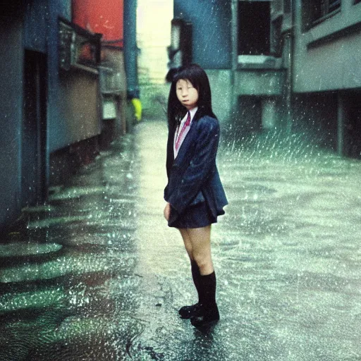 Image similar to 1990s perfect 8K HD professional cinematic photo of close-up japanese schoolgirl posing in sci-fi dystopian alleyway at morning during rain, at instagram, Behance, Adobe Lightroom, with instagram filters, depth of field, taken with polaroid kodak portra