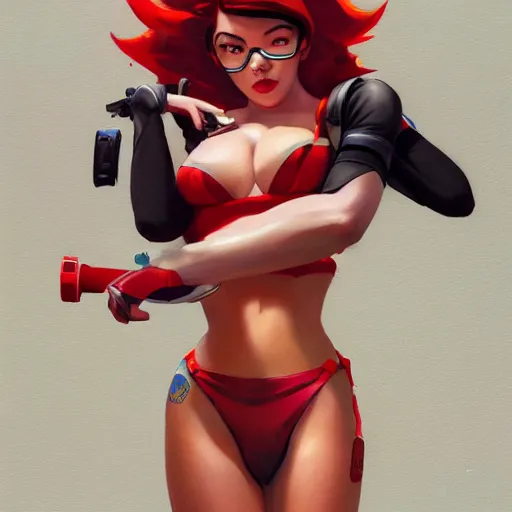 Image similar to pinup overwatch tracer in a red bikini, artwork by sergey kolesov, medium shot, asymmetrical, organic painting, sunny day, matte painting, bold shapes, hard edges, street art, trending on artstation, by huang guangjian and gil elvgren and sachin teng