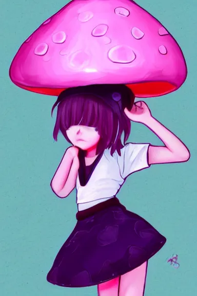 Image similar to a little girl wearing a mushroom hat in 9 0 s outfit | | purple curvy hair, pretty face, fine details, digial art by lois van baarle and sakimichan, anatomically correct, perfect composition, symmetrical, fantastic, clean details, anime character, extremely detailed, ray tracing, aesthetic