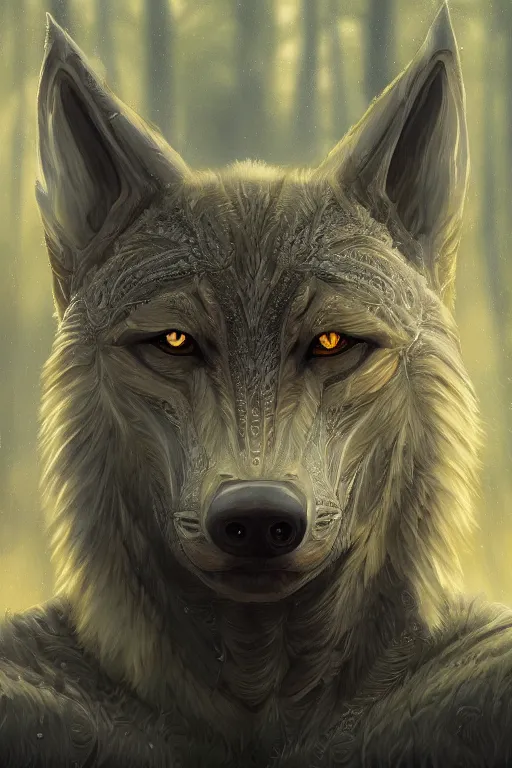 Image similar to ultra realist and ultra intricate detailed soft painting of a werewolf, from the waist up, symmetry features, yellow eyes, sensual gloomy style, volumetric clouds, foggy forest background, artstation, unreal render, depth of field