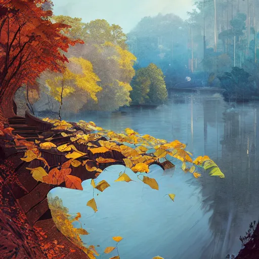 Image similar to river cliff autumn cryengine render detailed digital art art nouveau hyper realism by victo ngai, m. c. escher, greg rutkowski, leonid afremov, moebius, john stephens, tim white, frank gehry