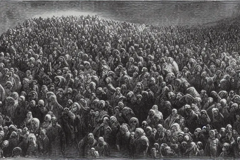 Image similar to aerial view, crowd of people looking up, Gustave Dore lithography