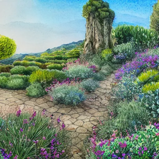 Image similar to delicate coastline mountain garden on paper, stony, puffy, botanical herbarium, botanic watercolors, iridescent, 8 k wide angle, realistic shaded, fine details, artstation, italian, colonnade, oak, pinecone, pomegranade, vines, gardena architecture, pompeian, sicilian