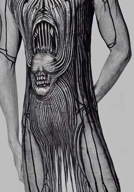 Prompt: henley shirt inspired by h. r. giger designed by alexander mcqueen