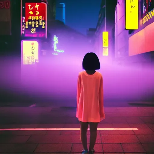 Image similar to a dramatic colorful fujifilm vaporwave photograph of a young japanese girl\'s silhouette standing in the middle of a tranquil nighttime tokyo street. neon signs light the fog with volumetric rays.