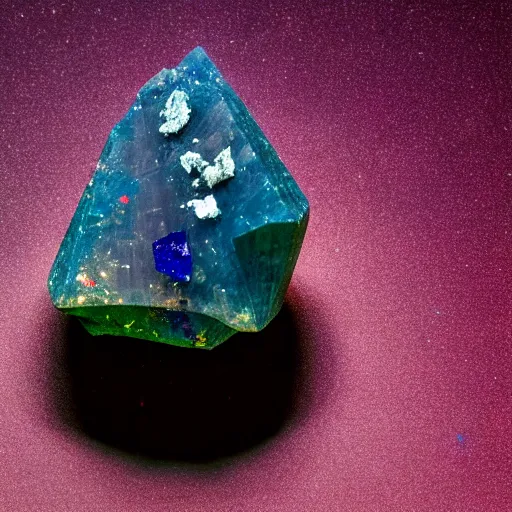 Image similar to a mineral rock, in a dark studio room. Photography of rare minerals. Tanzanite, Red Beryl, Bixbite, Red Emerald, Scarlet Emerald, Opal, Quartz, Elbaite, Calcite, Kunzite. in the style of Mike Rathke.