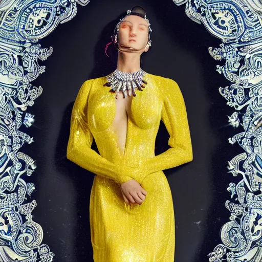 Prompt: portrait of woman with perfect skin, flowing yellow dress, glowing, ornate, jaw dropping beauty, glowing background lighting, white accent lighting, hyper detailed, 4 k octane render