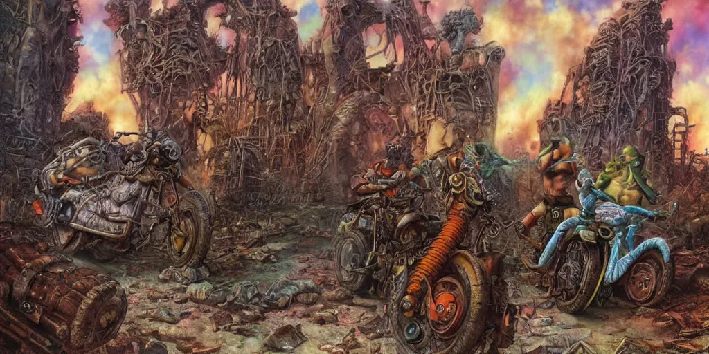 Image similar to psychedelic post apocalyptic orcish biker gang, scifi city ruins, sharp focus, psychedelic colors, boris vallejo, michael whelan